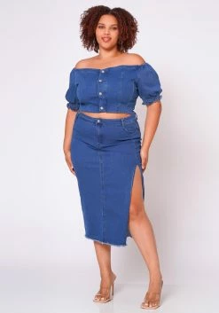 Plus Size Denim Off Shoulder Crop Top & Skirt Set -Asoph Sales Shop 2022691 001 3