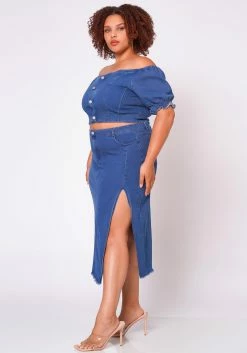 Plus Size Denim Off Shoulder Crop Top & Skirt Set -Asoph Sales Shop 2022691 001 4