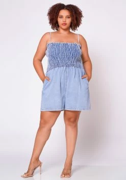 Plus Size Denim Smocked Romper