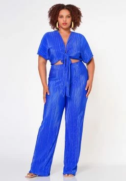 Plus Size Pleated Crop Top & Pants Set
